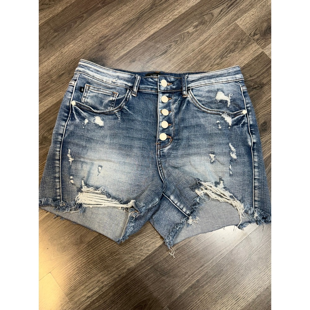 Judy Blue High Rise Distressed Denim Shorts Medium Wash Button Fly JB150142 L